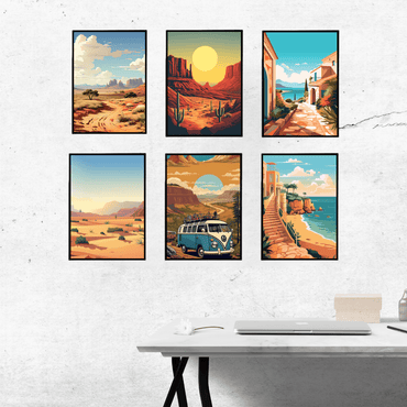 Travel & Adventure Wall Art Set | Desert, Beach & Road Trip Posters SET OF 6 - Memories InsiteADVENTUR WALL FRAME - BLACK SET OF 6