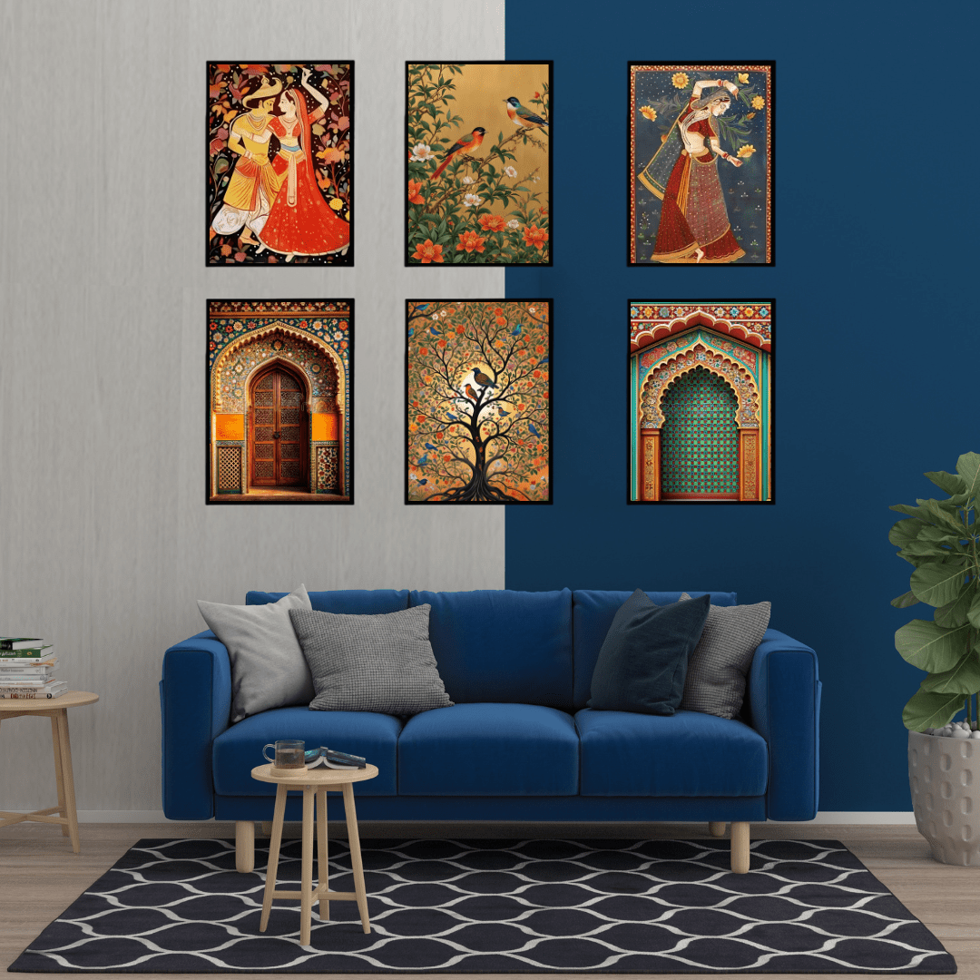 Royal Rajasthani Wall Art | Traditional Indian Paintings set of 6 - Memories InsiteROYAL RAJASTHANI DESIGN WALL FRAME-WHITE