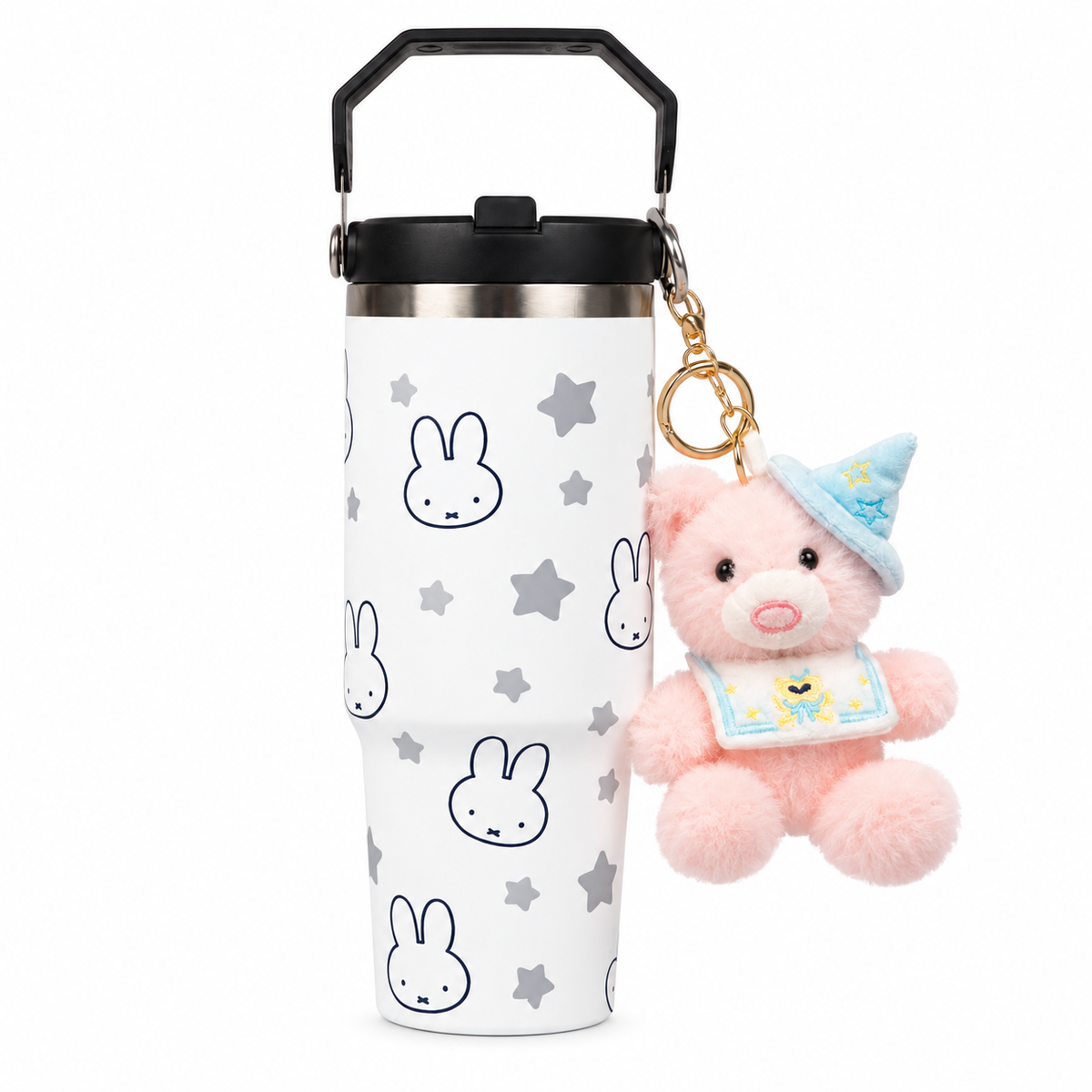 Bunny Print Tumbler with Handle & Lanyard | Reusable Travel Cup | Cute Everyday Drinkware