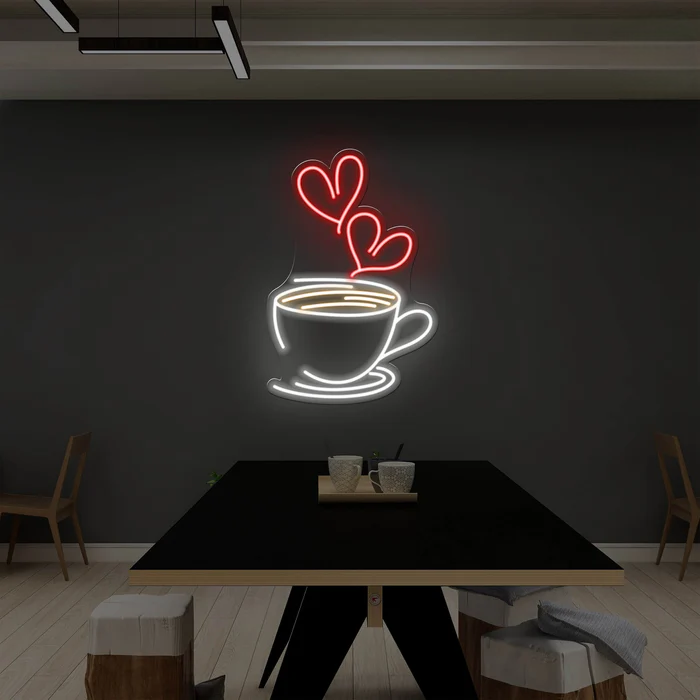 Coffee Cup Neon LED Light Sign with Heart Steam – Wall Décor for Café & Home