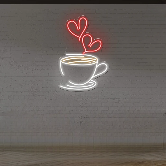 Coffee Cup Neon LED Light Sign with Heart Steam – Wall Décor for Café & Home