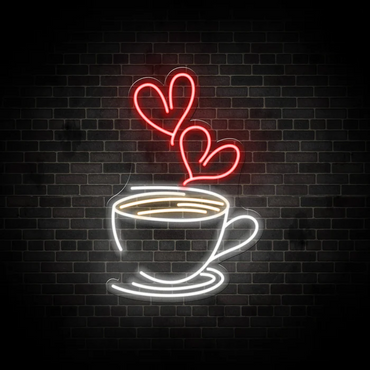 Coffee Cup Neon LED Light Sign with Heart Steam – Wall Décor for Café & Home