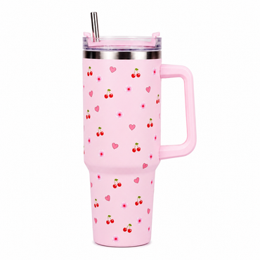 Personalised Pink Cherry & Floral Print Tumbler – Insulated Travel Tumbler with Handle & Straw