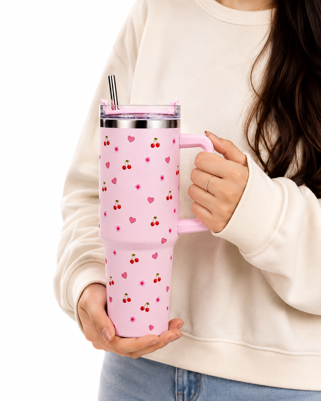 Pink Cherry & Floral Print Tumbler – Insulated Travel Tumbler with Handle & Straw
