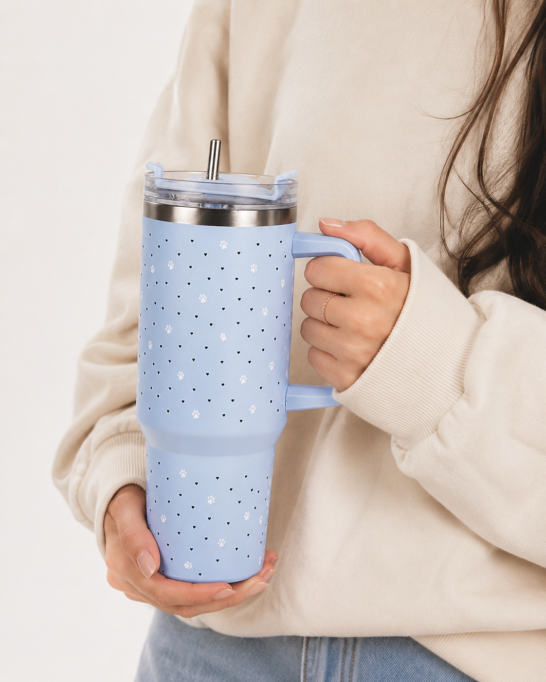 Blue Paw & Heart Print Tumbler – Insulated Travel Tumbler with Handle & Straw