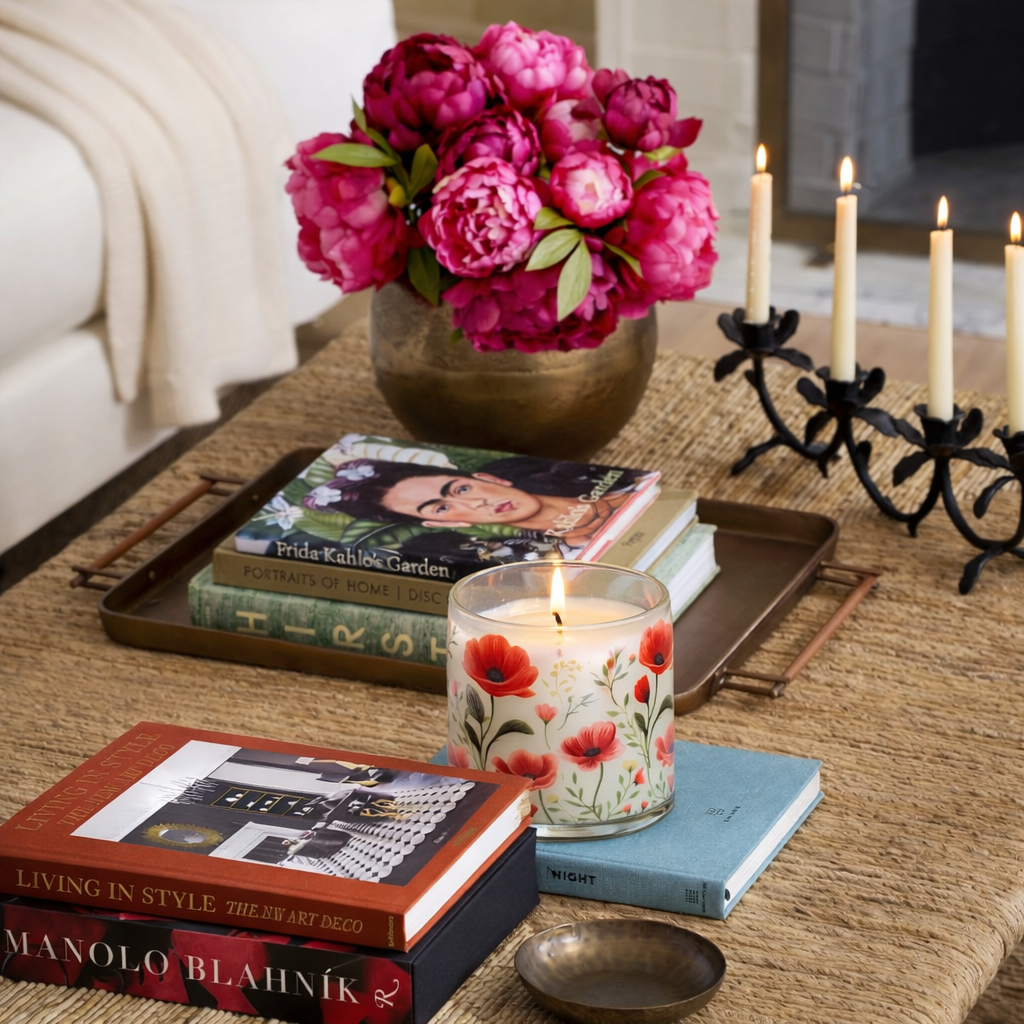 Red Floral Scented Candle in Glass Jar | Elegant Aesthetic Home Décor Candle