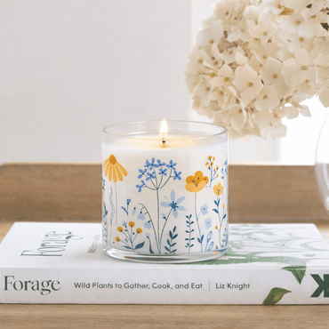 Blue & Yellow Floral Scented Candle in Glass Jar | Elegant Home Décor & Relaxing Aroma - Memories InsiteBLUE & YELLOW SCENTED CANDLE IN GLASS JAR