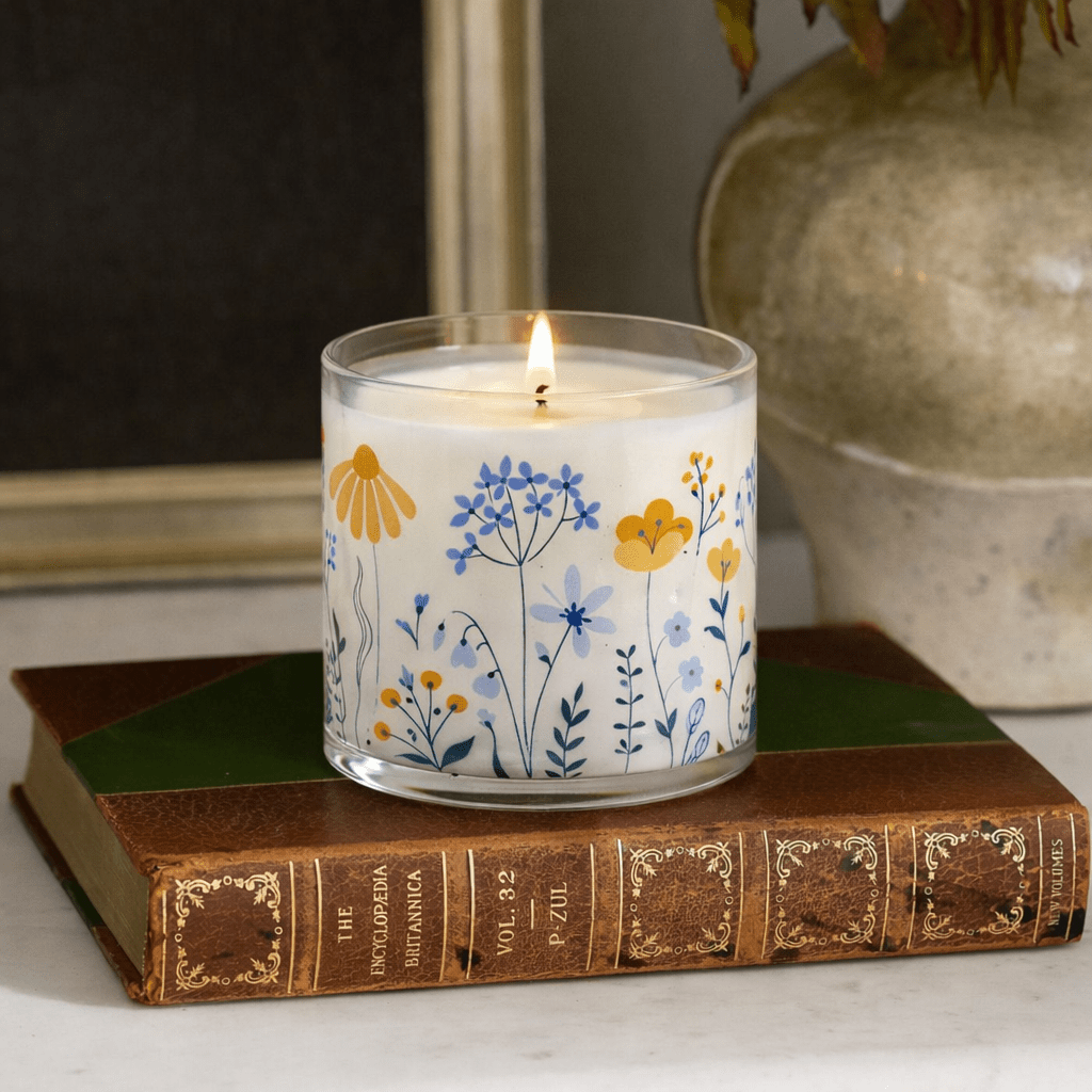 Blue & Yellow Floral Scented Candle in Glass Jar | Elegant Home Décor & Relaxing Aroma - Memories InsiteBLUE & YELLOW SCENTED CANDLE IN GLASS JAR