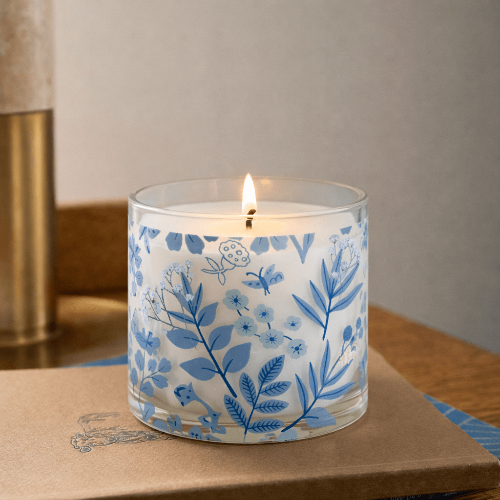 Blue Botanical Scented Candle in Glass Jar | Aesthetic Floral Home Décor Candle for Relaxation & Gifting - Memories InsiteBLUE BOTANICAL SCENTED CANDLE IN GLASS JAR