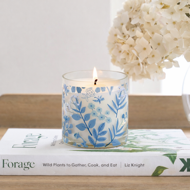 Blue Botanical Scented Candle in Glass Jar | Aesthetic Floral Home Décor Candle for Relaxation & Gifting