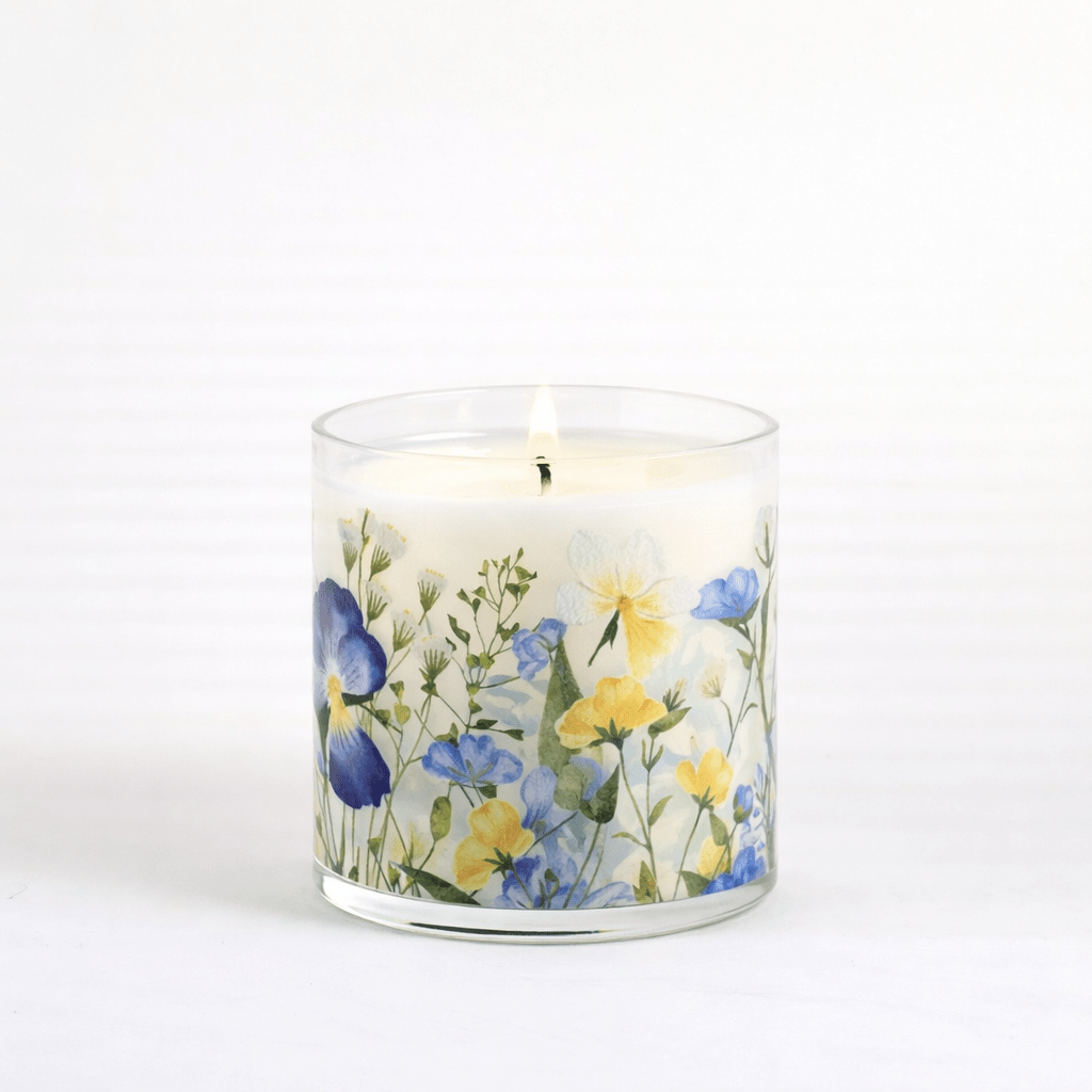 Blue & Yellow Floral Scented Candle in Glass Jar | Elegant Aesthetic Home Décor Candle - Memories InsiteBLUE & YELLOW FLORAL SCANTED CANDLE