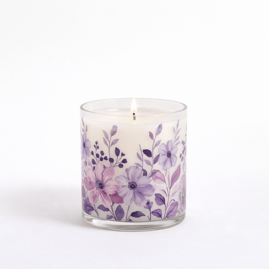 Lavender Purple Floral Scented Candle in Glass Jar | Elegant Home Décor & Relaxing Aroma - Memories InsiteLAVENDER PURPLE FLORAL SCENTED CANDLE IN GLASS JAR