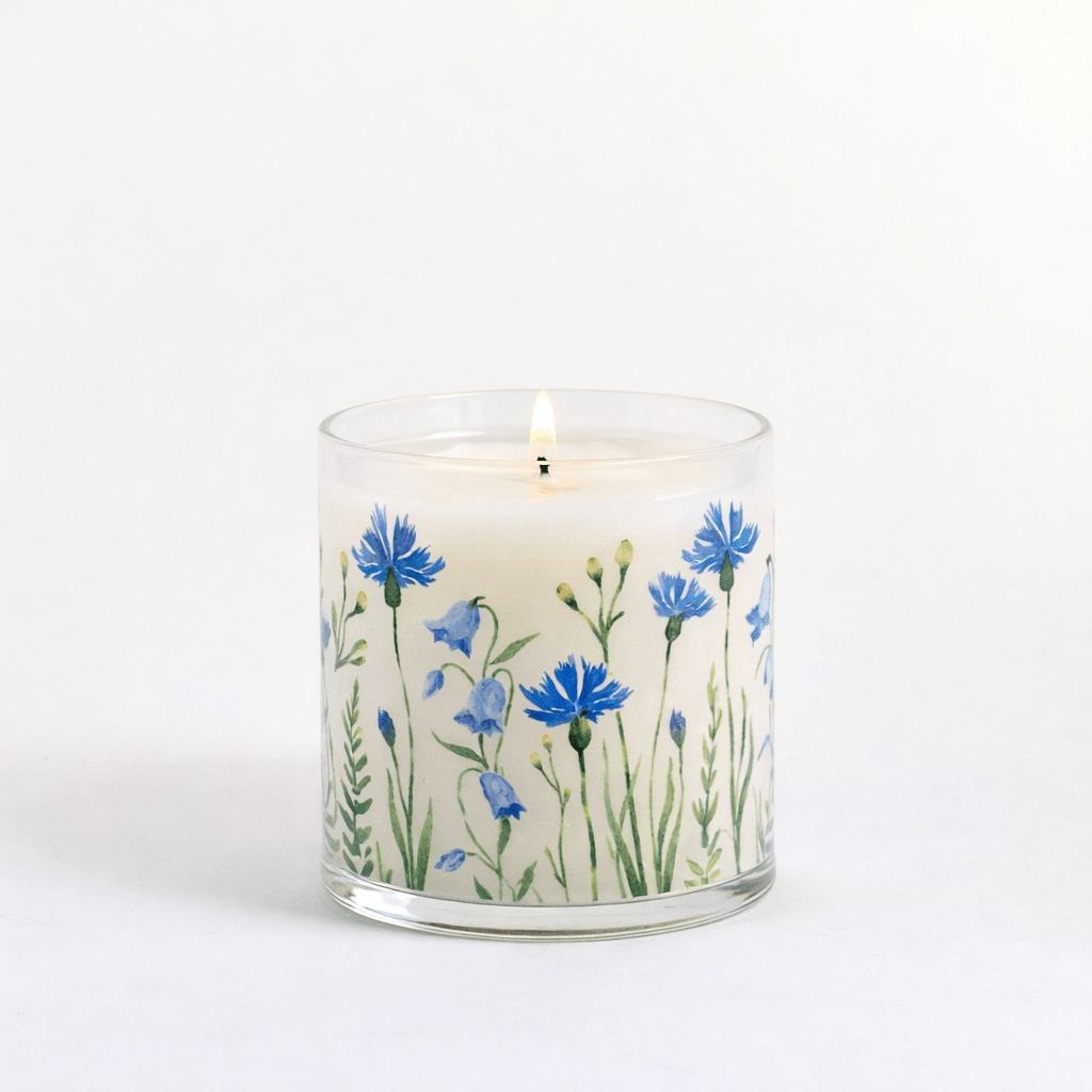 Blue Wildflower Scented Candle in Glass Jar | Calming Floral Aroma & Elegant Home Décor - Memories InsiteBLUE WILDFLOWER SCENTED CANDLE IN GLASS JAR