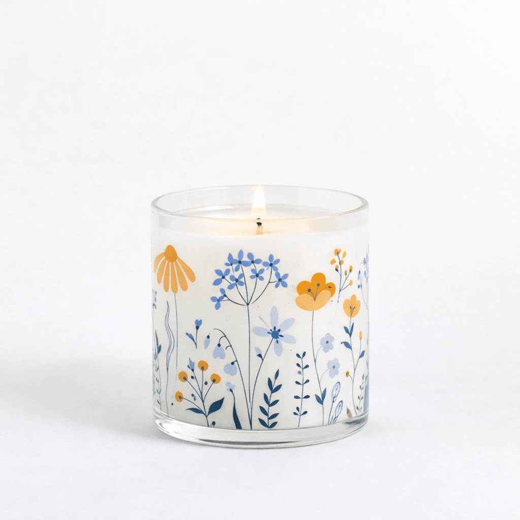 Blue & Yellow Floral Scented Candle in Glass Jar | Elegant Home Décor & Relaxing Aroma - Memories InsiteBLUE & YELLOW SCENTED CANDLE IN GLASS JAR