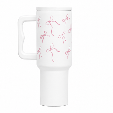 Personalized Pink Ribbon Bow Stainless Travel Tumbler with Handle & Straw