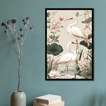 Elegant Heron Garden Canvas Wall Art — Floral Serenity Painting