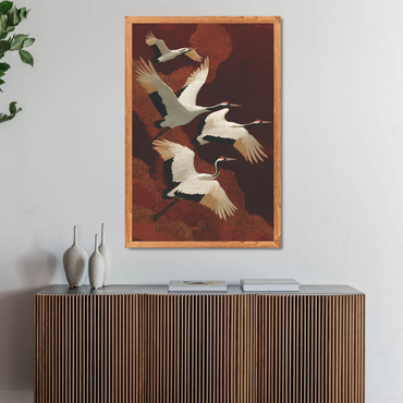 Crimson Flight Canvas Wall Art — Elegant Crane Painting