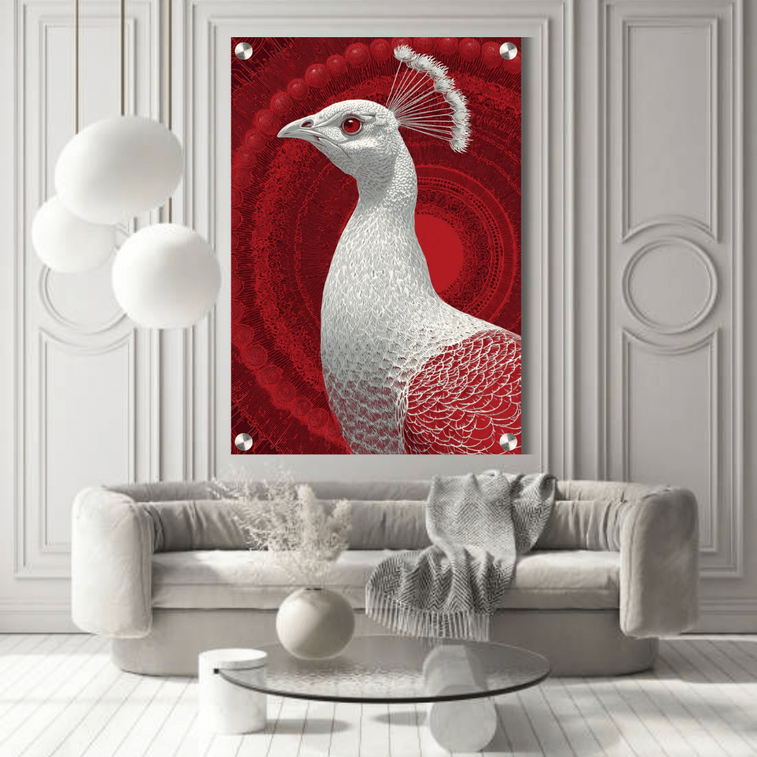 Royal White Peacock Acrylic Wall Decor — Luxury Glossy HD Art Frame - Memories InsiteROYAL WHITE PEACOCK ACRYLIC WALL FRAME