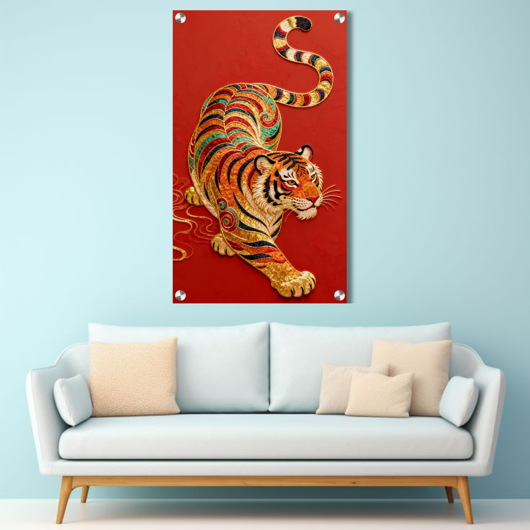 Imperial Golden Tiger Acrylic Wall Art — Luxury Red Statement Decor