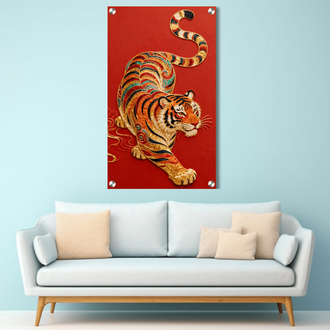 Imperial Golden Tiger Acrylic Wall Art — Luxury Red Statement Decor - Memories InsiteIMPERIAL GOLDEN TIGER ACRYLIC WALL FRAME
