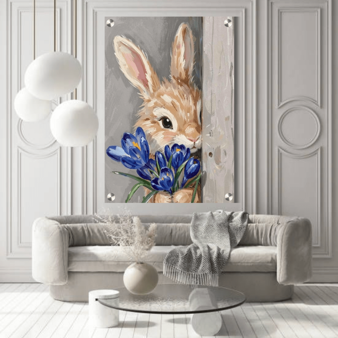Cute Bunny with Blue Flowers Acrylic Wall Decor (12 × 18 Inch) - Memories InsiteCUTE BUNNY WITH BLUE FLOWER ACRYLIC WALL FRAME