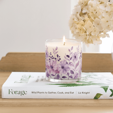 Lavender Purple Floral Scented Candle in Glass Jar | Elegant Home Décor & Relaxing Aroma - Memories InsiteLAVENDER PURPLE FLORAL SCENTED CANDLE IN GLASS JAR