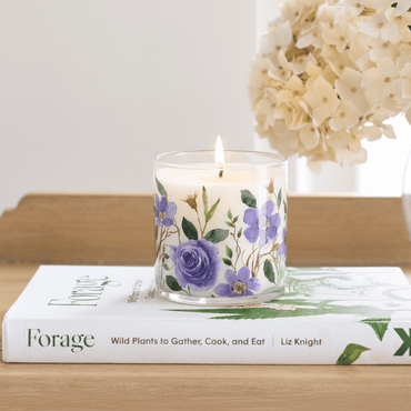 Purple Floral Rose Scented Candle in Glass Jar | Elegant Aesthetic Home Décor Candle - Memories InsitePURPLE FLORAL ROSE SCENTED CANDLE IN JAR