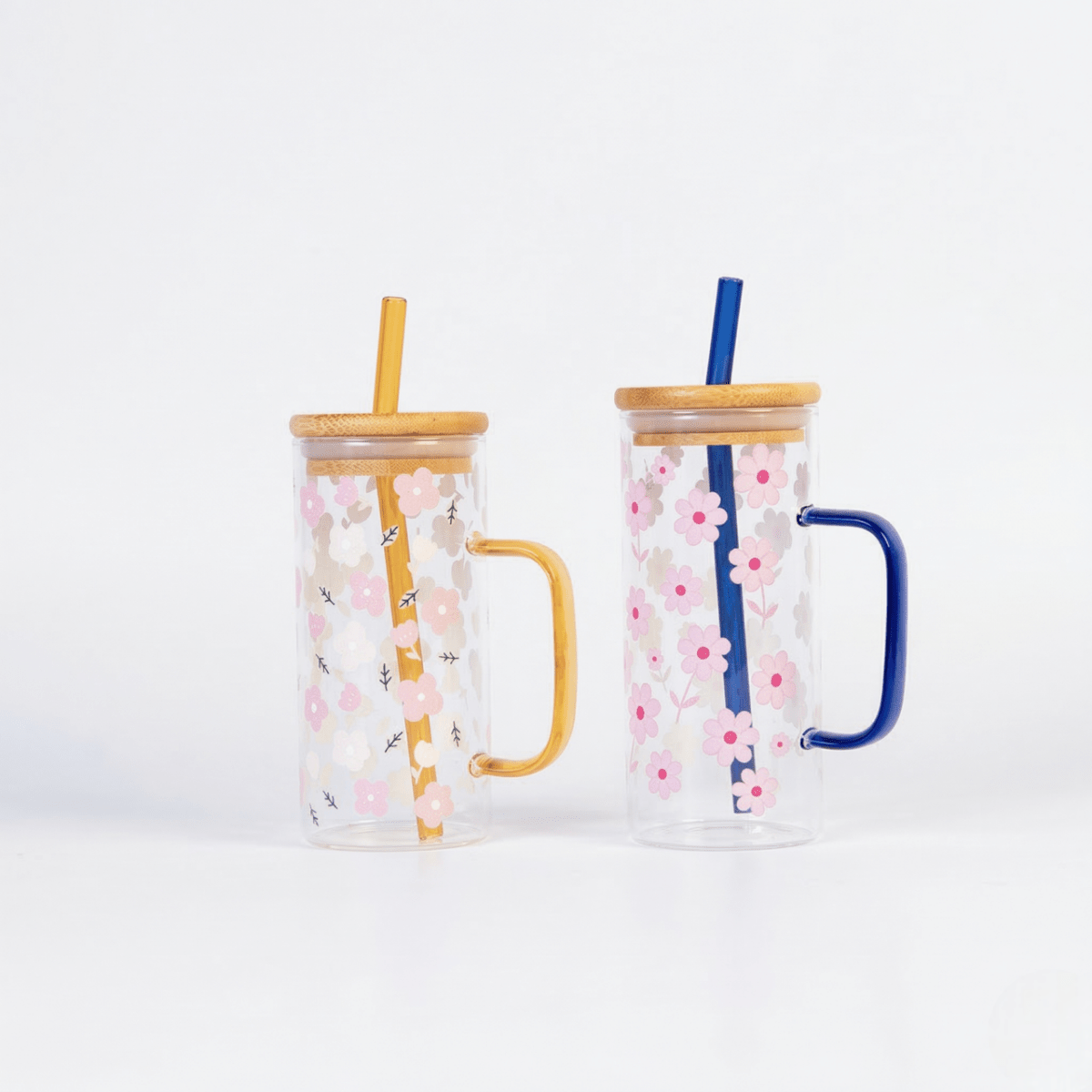 Set of 2 Blossom Glass Tumbler with Bamboo Lid & Straw - Memories InsiteBLOSSOM GLASS TUMBLER SET OF 2