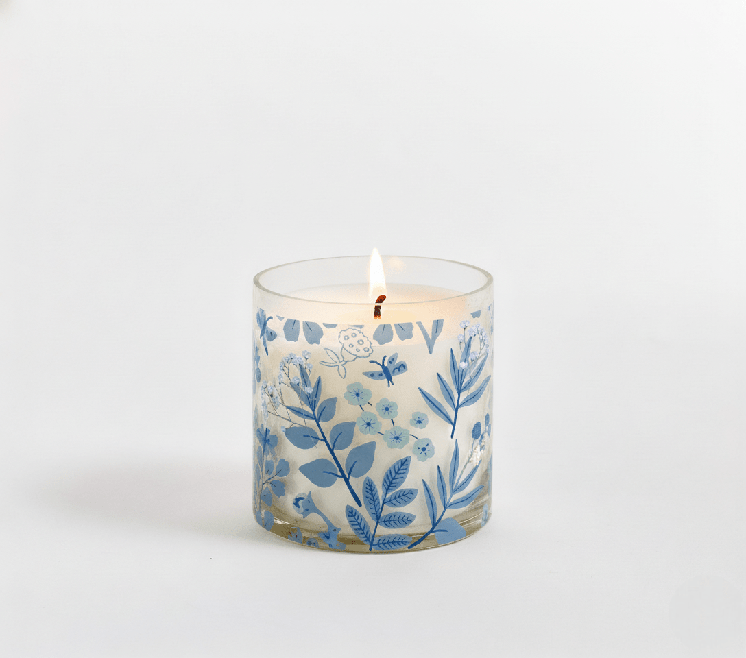 Blue Botanical Scented Candle in Glass Jar | Aesthetic Floral Home Décor Candle for Relaxation & Gifting - Memories InsiteBLUE BOTANICAL SCENTED CANDLE IN GLASS JAR