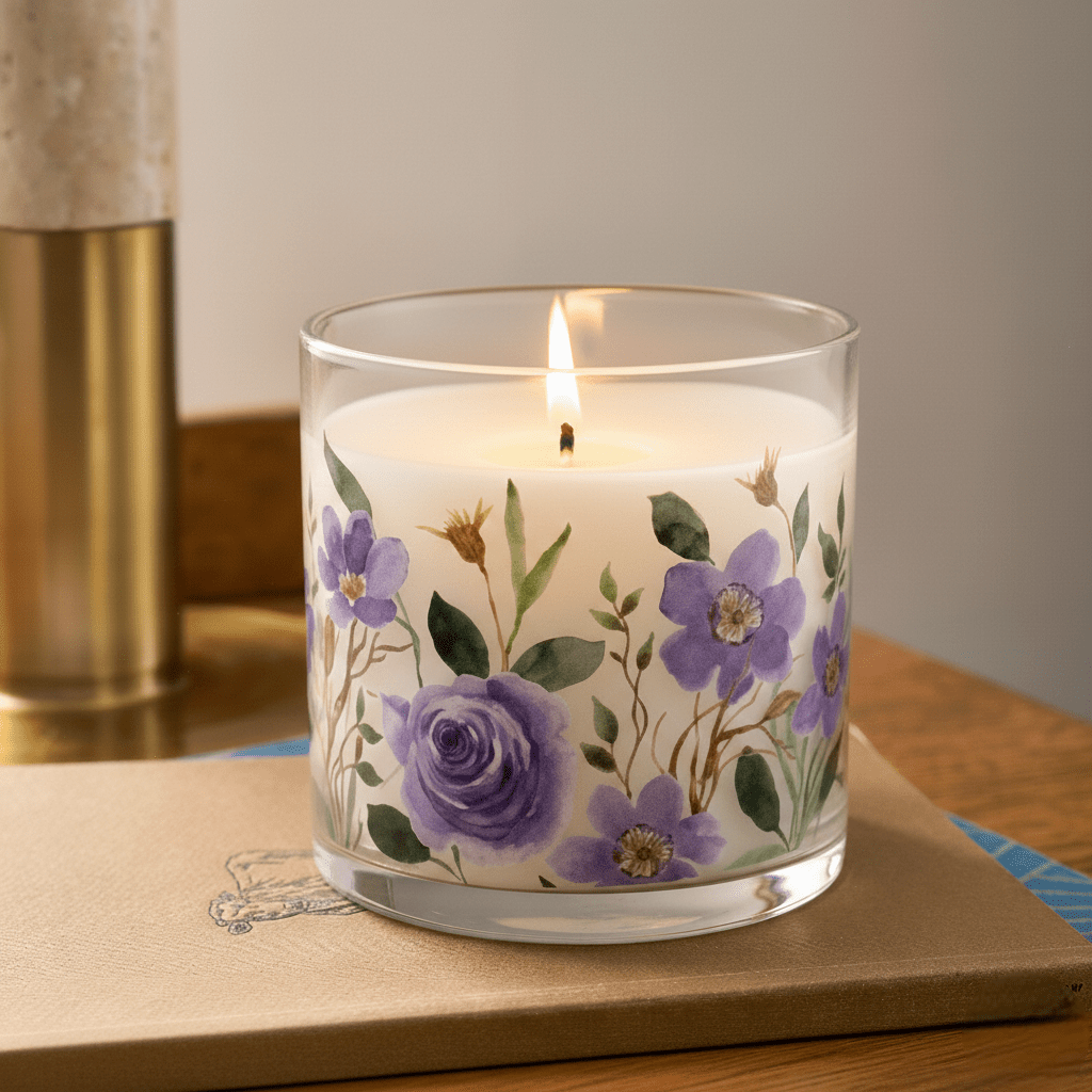 Purple Floral Rose Scented Candle in Glass Jar | Elegant Aesthetic Home Décor Candle - Memories InsitePURPLE FLORAL ROSE SCENTED CANDLE IN JAR