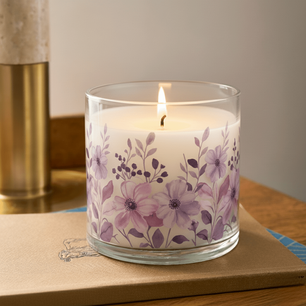 Lavender Purple Floral Scented Candle in Glass Jar | Elegant Home Décor & Relaxing Aroma - Memories InsiteLAVENDER PURPLE FLORAL SCENTED CANDLE IN GLASS JAR