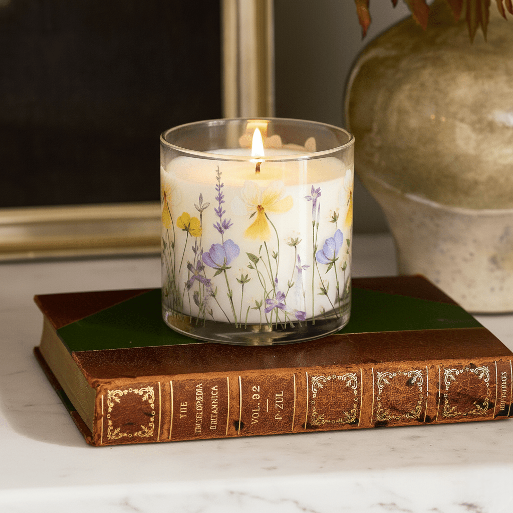 Wild Meadow Floral Scented Candle in Glass Jar | Elegant Home Décor & Relaxing Aroma - Memories InsiteWILD MEADOW FLORAL SCENTED CANDLE IN GLASS JAR