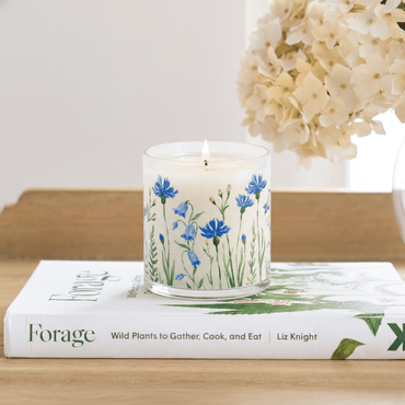 Blue Wildflower Scented Candle in Glass Jar | Calming Floral Aroma & Elegant Home Décor - Memories InsiteBLUE WILDFLOWER SCENTED CANDLE IN GLASS JAR