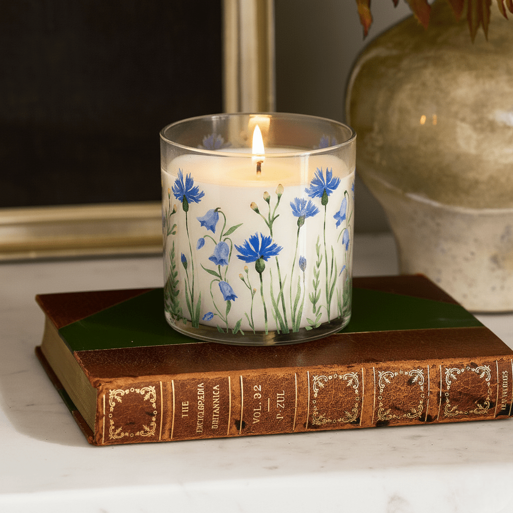 Blue Wildflower Scented Candle in Glass Jar | Calming Floral Aroma & Elegant Home Décor - Memories InsiteBLUE WILDFLOWER SCENTED CANDLE IN GLASS JAR