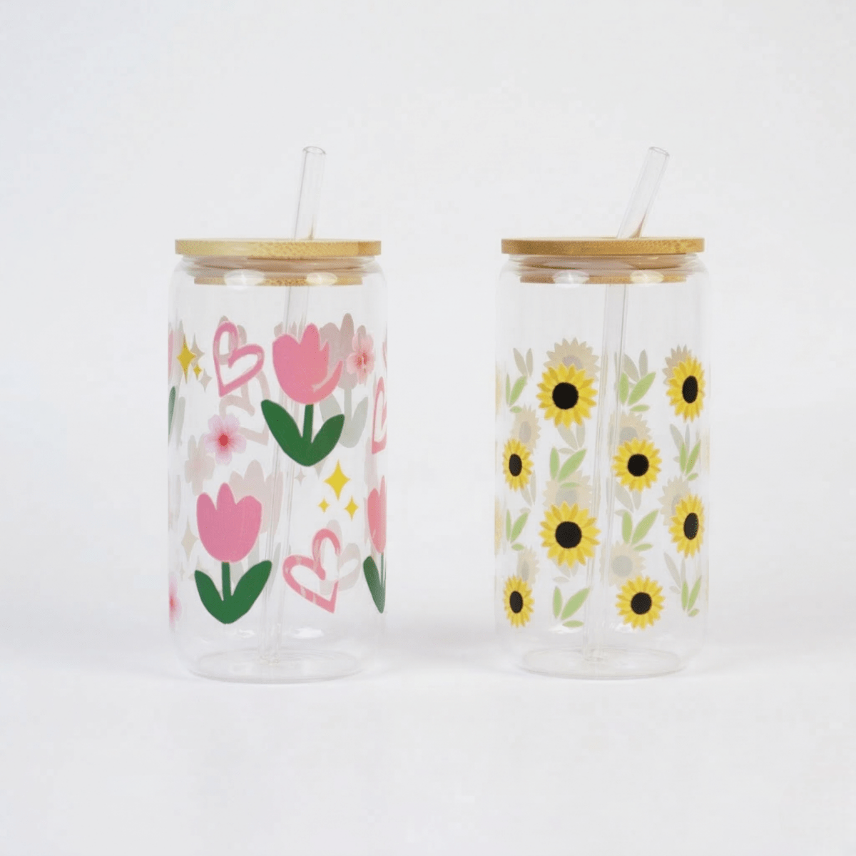 Set-2 Floral Glass Tumbler with Bamboo Lid & Straw - Memories Insite