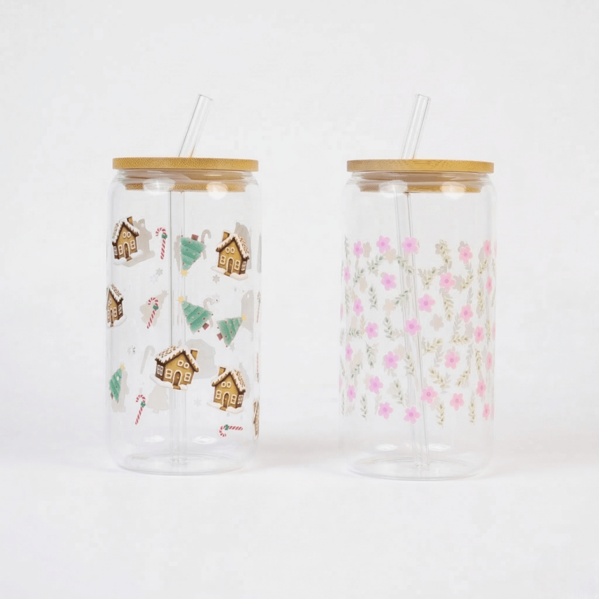 Set-2 Christmas & Floral Glass Tumbler with Bamboo Lid & Straw - Memories Insite
