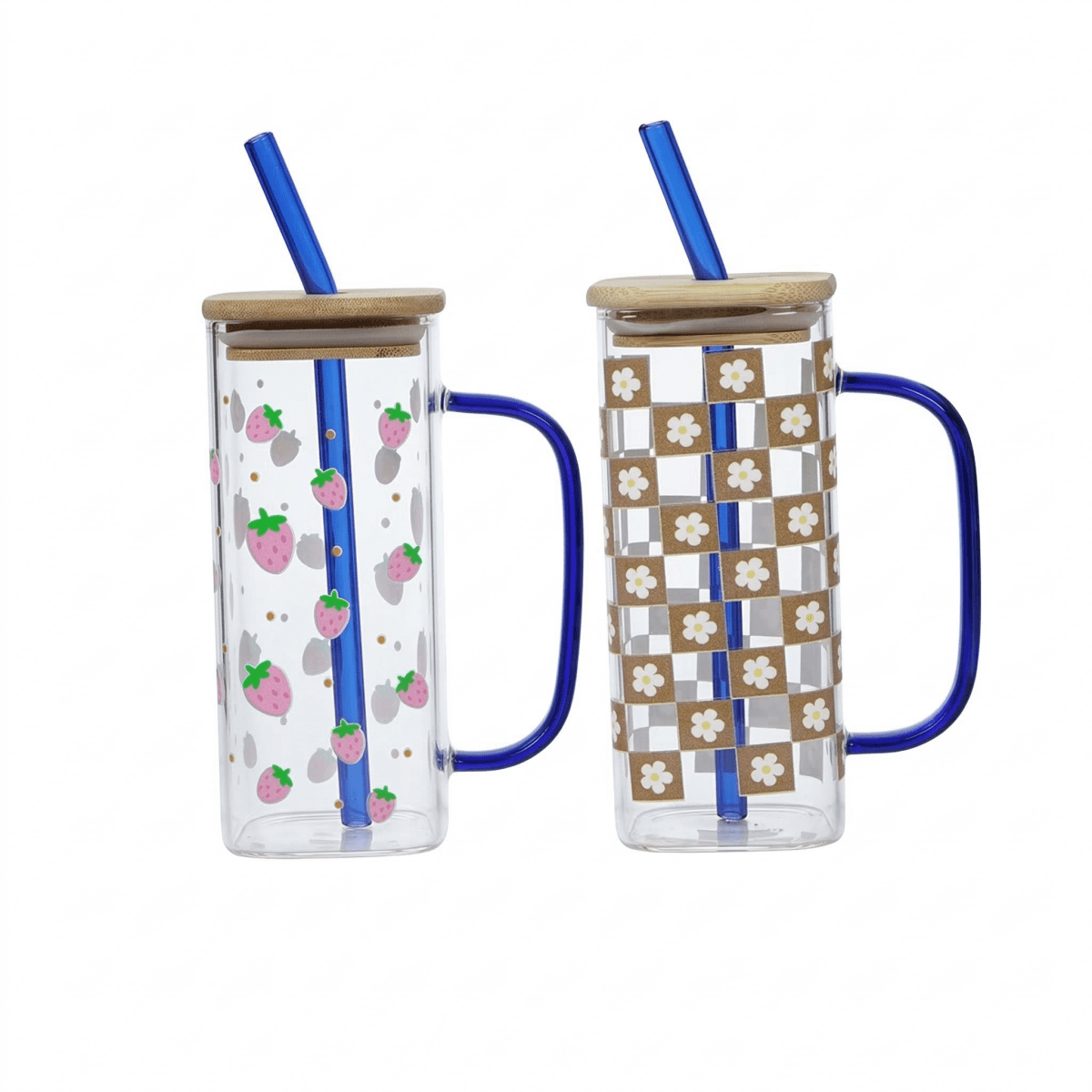 Set-2 Printed Glass Cup With Bamboo Lid & Reusable Straw - Memories Insite