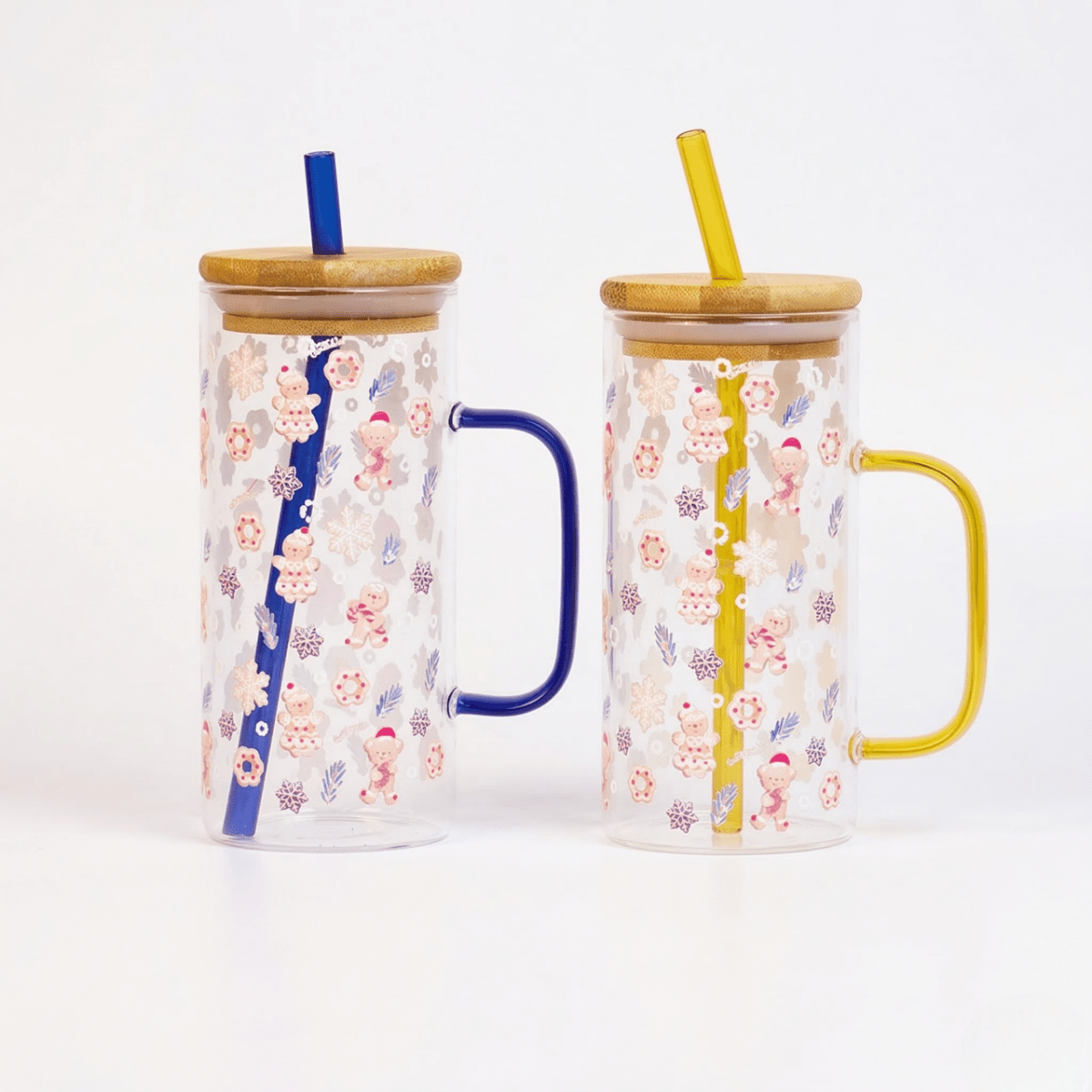 Christmas Ginger Bread with Minis Glass Tumbler with Handle & Bamboo Lid – Set of 2 | Festive Holiday Design with Straw - Memories Insite
