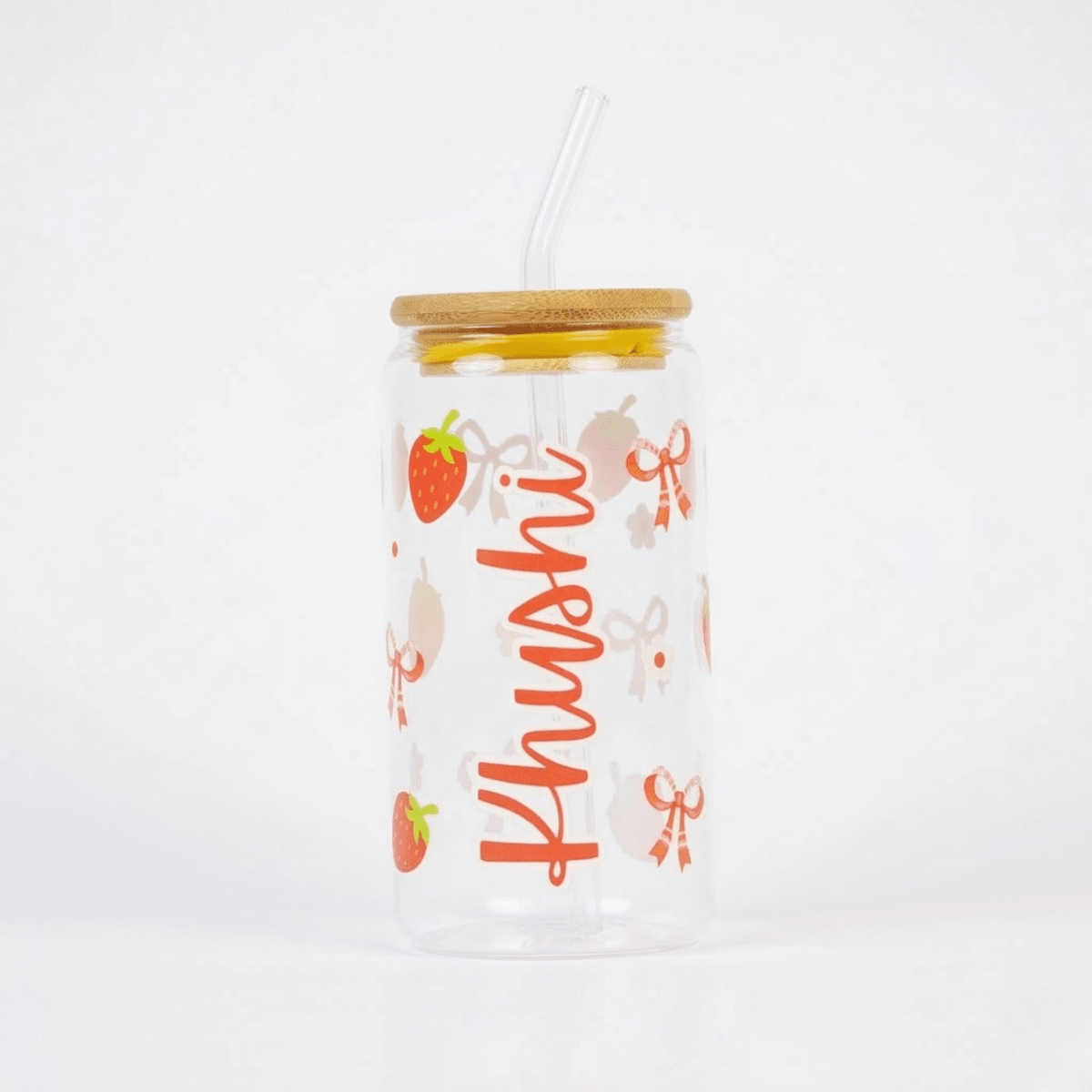 Personalized Strawberry Glass Tumbler with Bamboo Lid & Straw - Memories InsitePERSONALIZED STRAWBERRY GLASS TUMBLER