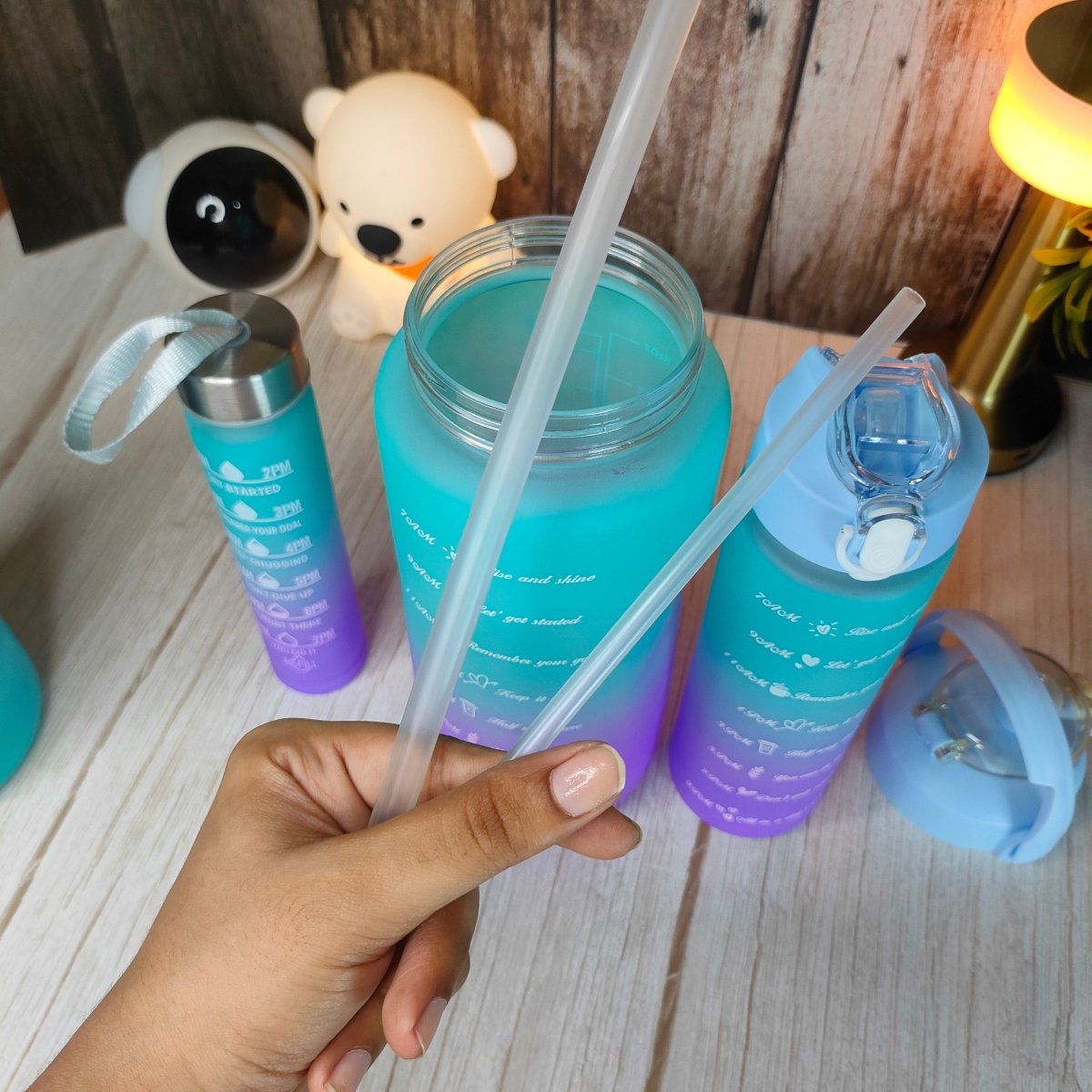 Motivational Water Bottle with Straw Time Marker, Set Of 3 Pcs Leakproof Durable Wide Mouth Sipper(random color only) - Memories Insite3 PCS MOTIVATIONAL BOTTLE-1