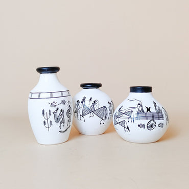 Hand-Painted Tribal Art Decorative Vases – Set of 3 | Ethnic White & Black Pottery - Memories InsiteHand-Painted Tribal