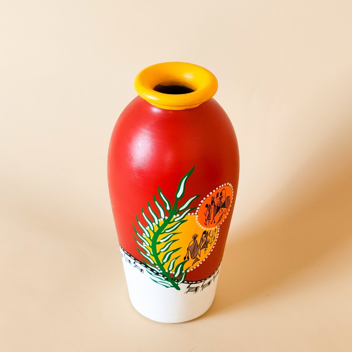 🌺 Vibrant Red & Yellow Warli Art Vase – Handcrafted Tribal Masterpiece - Memories InsiteRED & YELLOW WARLI VASE