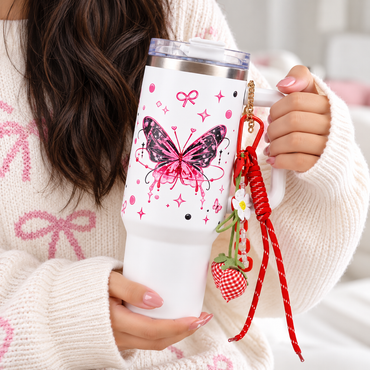 Butterfly Print Tumbler with Handle & Charm | Reusable Travel Cup | Cute Everyday Drinkware