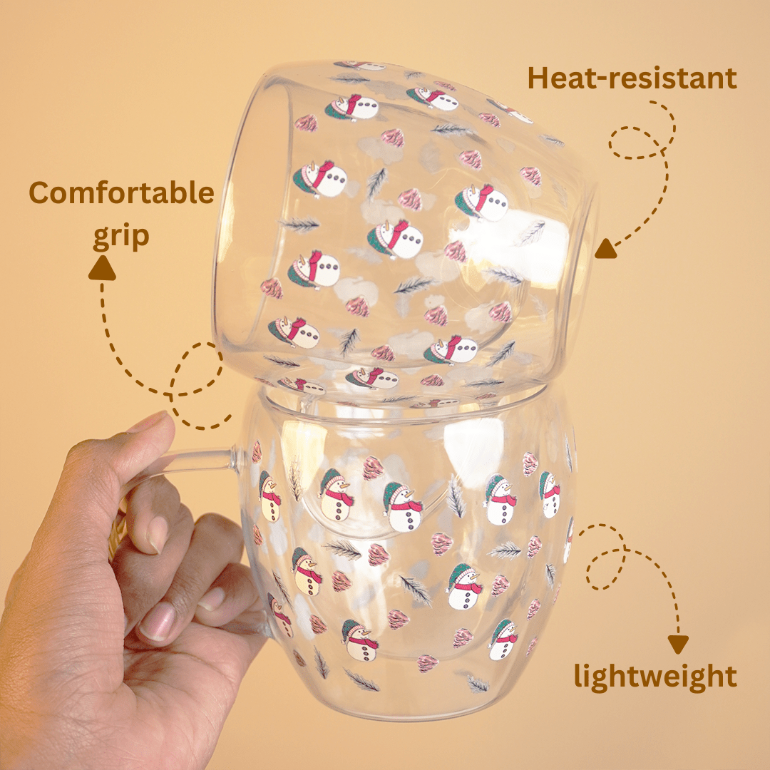 Set-2 Snowman -Double Wall Glass Mug - Memories Insite
