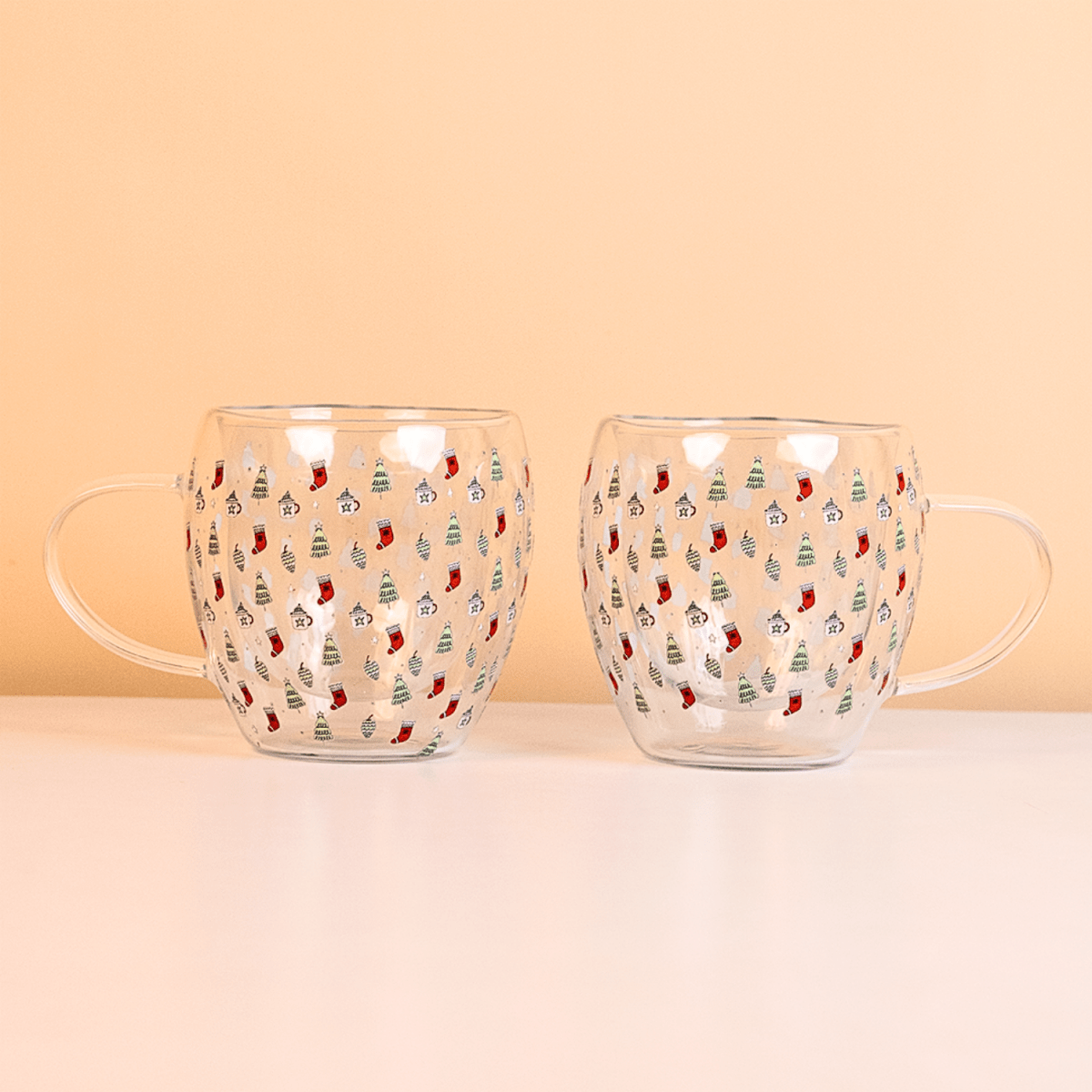 Set-2 Christmas Tree & Stocking -Double Wall Glass Mug - Memories Insite