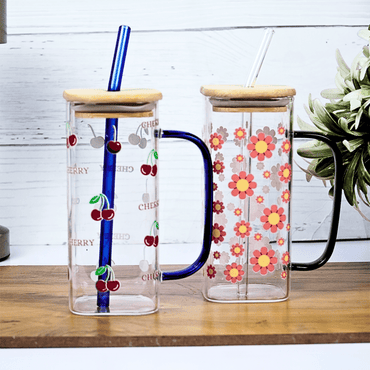 Set-2 Cherry & Floral Glass Cup with Bamboo Lid & Straw - Memories Insite