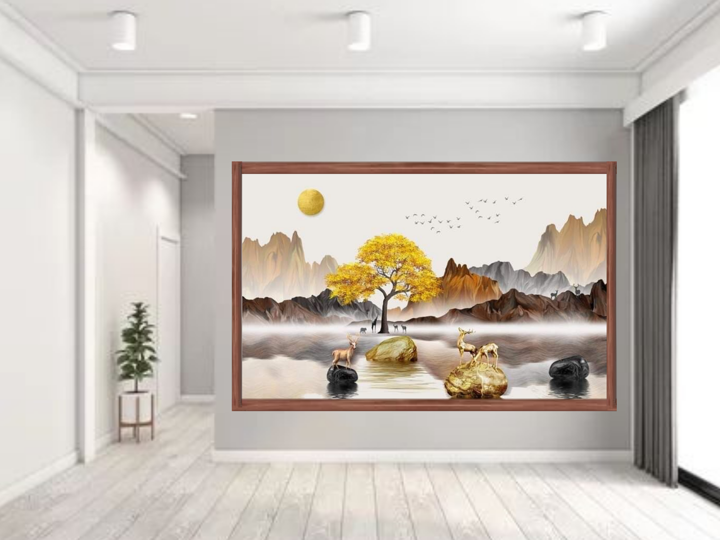 Golden Tree & Deer Landscape Canvas Wall Art – Elegant Nature-Inspired Décor