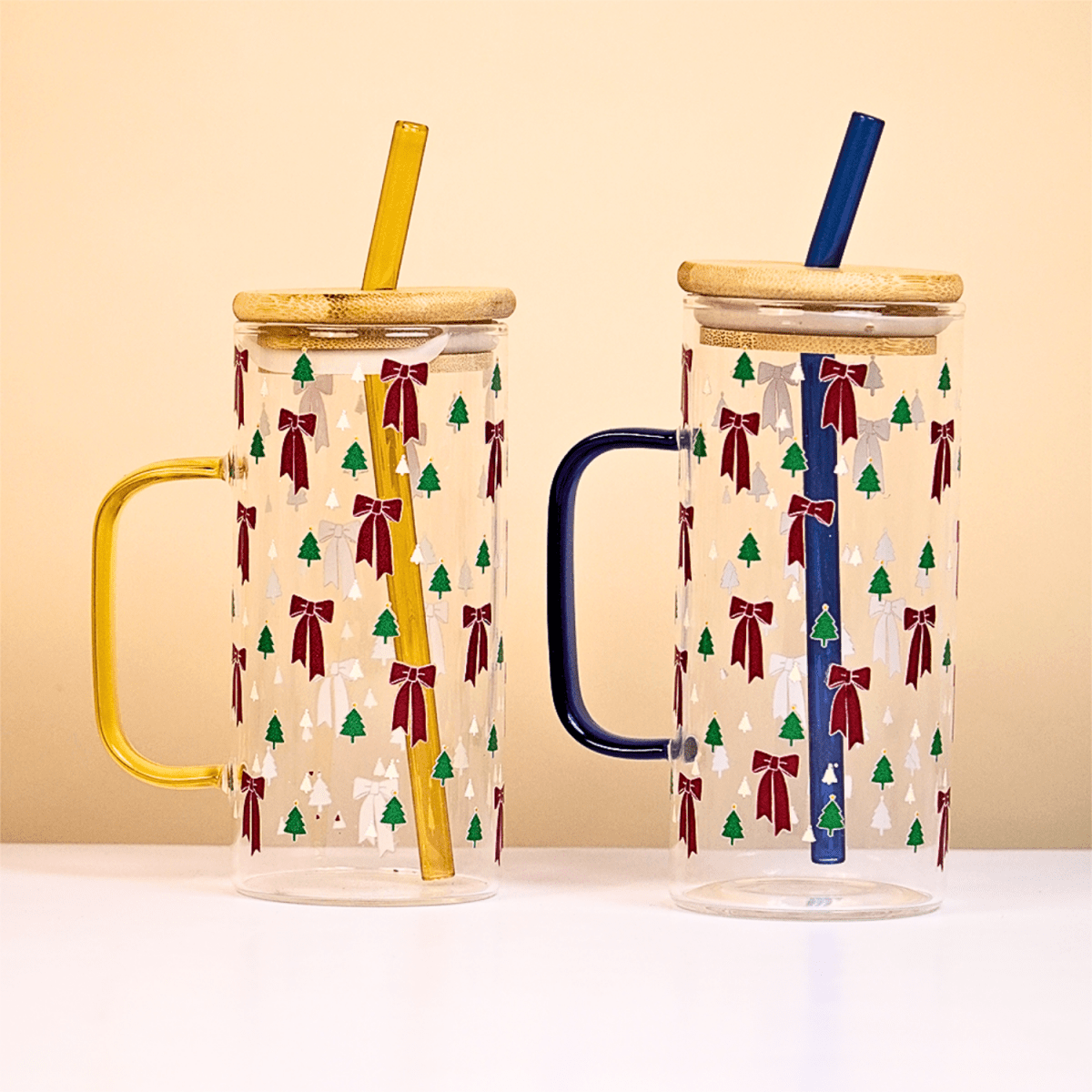 Bow and Little Christmas Tree Glass Tumbler with Handle & Bamboo Lid – Set of 2 | Festive Holiday Design with Straw - Memories Insite