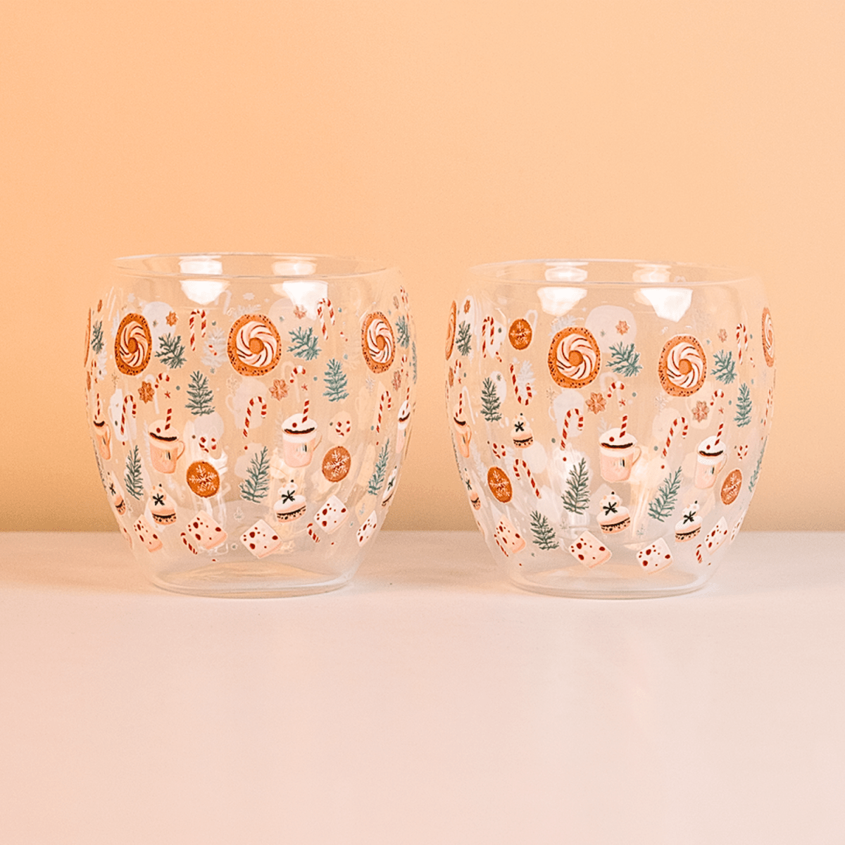 Set-2 Candy Cane & Christmas Treats -Double Wall Glass Mug - Memories Insite