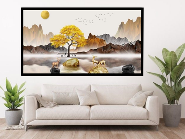 Golden Tree & Deer Landscape Canvas Wall Art – Elegant Nature-Inspired Décor